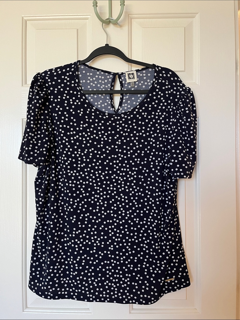 Anne Klein Navy and White Polka Dot Short Sleeve Blouse
